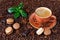 French macarons with coffee mug. Coffee background