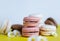 French macaroons, Selective focus stack of pink macaroons with blurry daisy on white background. Colorful macaroons. Top view