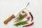 French Mediterranean cuisine ingredients herbs spices and condiments. Thyme rosemary garlic hot chili pepper kitchen knife marble