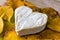 French Neufchatel cheese shaped heart on autumn leaves