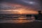 .French oceanfront landscape, oceanfront fishing houses in France during sunset