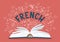 French. Open book with language hand drawn doodles and lettering.