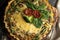 French opened pie quiche with tuna / chicken, broccoli, spinach, pepper, eggs, cheese and dried tomato.