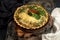 French opened pie quiche with tuna / chicken, broccoli, spinach, pepper, eggs, cheese and dried tomato.