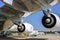 French passenger four-engine wide-body aircraft Airbus A-380 at static parking of Gromov Flight Research Institute. Close-up.