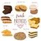 French pastries collection. Brioche, macaroons, croissants, herb bread, eclairs, paris brest, ganache, mille feuille cakes.