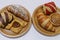 French pastry cake- Danish roll, scone, muffin and croissant displayed in a wooden board