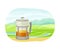 French Press with Hot Aromatic Beverage Brewing and Tea Green Terrace Field Plantation Vector Illustration