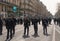 French riot police marching in the street during yellow vests Gilets jaunes protest in Paris