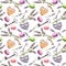 French rural background - lavender flowers, macaroon cakes, vintage keys, textile hearts. Seamless pattern. Watercolor