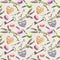 French rural background - lavender flowers, macaroon cakes, vintage keys, textile hearts. Seamless pattern. Watercolor