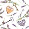 French rural background - lavender flowers, vintage keys, textile hearts. Seamless pattern, country style of Provence