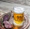 french saucisson sausage with glass of beer