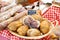 French saucissons and ham display in market in south of France