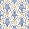 French shabby chic damask vector texture background. Primula spring flower pot white, yellow blue seamless pattern. Hand