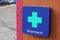 French shop pharmacie green cross sign of pharmacy on store wall building