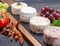 French soft cheeses, variety of different taste goat milk natural cheeses on granite plate close up sesrved as dessert