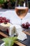 French soft cheeses, variety of different taste goat milk natural cheeses on granite plate close up sesrved as dessert with cold