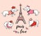 French style dogs and Eiffel tower isolated on pink background. Vector illustration. French style dressed dog with red beret.