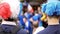 French supporters in funny hats with mascots supporting national soccer team