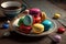 French sweet treat on a plate, colorful macaroons. Generative AI