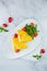 French tall omelette with arugula and cherry tomatoes top view