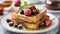 French toast with fresh berries and honey for breakfast