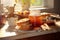 French toast with homemade honey in sunlit kitchen. Breakfast on a plate on sunny day