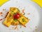 French Toast topping Spring onion Tomato Eaten with ketchup on dish white ingredient Bread Egg,Background Color