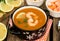 French traditional fish soup bisque with lobster and shrimps