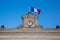 French tricolor flag with mairie liberte egalite fraternite france text building mean town hall and freedom equality fraternity in