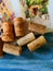 French wine corks on grey background close up