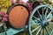 French wine village vineyard wine barrels and cart, grape harvest