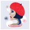 French woman abstract portrait. Vector illustration of girl in red beret