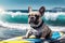 Frenchie riding waves, a playful canine enjoys surfing in the water