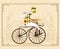 Frenchman on retro vintage old bike on old city background. Vector illustration