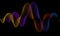 Frequency of the blue, purple,yellow and orange sound wave on a black background. Neon.