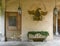 Fresco, eagle sculpture, plantar and lamps on the outside of the Atellani House, Museo Vigna di Leonardo, Milan.