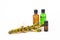 Fresh Acorus calamus roots, also known as sweet flag, and bottles with oil and extract isolated on light background