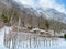 Fresh alpine snow in the vineyard above the subalpine Lake Walen or Lake Walenstadt Walensee and at the foot of the Churfirsten