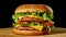 Fresh appetizing hamburger rotating on black background. Seamless loopable shot, 4k.