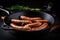 Fresh and appetizing meat sausages in a frying pan. Generative ai