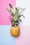 Fresh appetizing pineapple on a multicolored background, blue, pink and white, concept vegetarian food, vitamins, top view