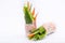 Fresh appetizing spring rolls with prawns on a white background.