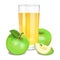 Fresh apple juice in glass, green apples and piece of apple.