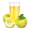 Fresh apple juice in glass, yellow apples and piece of apple.
