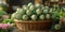 Fresh artichokes in a basket on a market table. vibrant green, organic produce. healthy food selection in a rustic