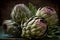 Fresh Artichokes On Wooden Table And Dark Background - Generative AI