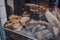 Fresh artisan bread on a window display of a bakery