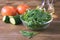 Fresh Arugula and Spinach Salad on Rustic Wooden Background Olive Oil Toned Healthy Food